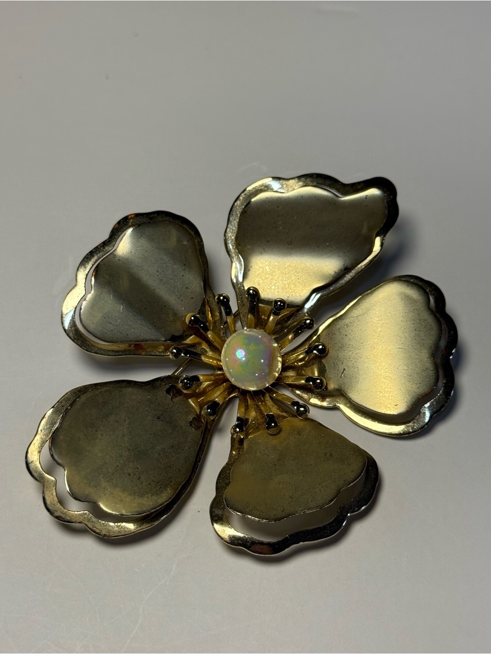 Vintage Gold Tone Flower Brooch Opalescent Center 3” Statement Pin